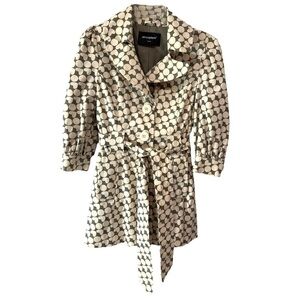 Atmosphere Trench Coat Polka Dot Heart Print Belted Jacket Gray Cream US Size 6